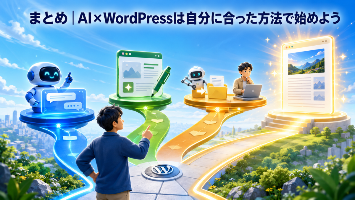 AI×WordPressの直接対話・専用ツール・自動投稿から自分に合った方法を選んで始める様子を表した画像
