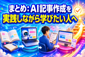 教材で学びAI記事作成ツールで記事を作り確認してWordPressへ投稿しながら成長する流れを表したまとめ画像