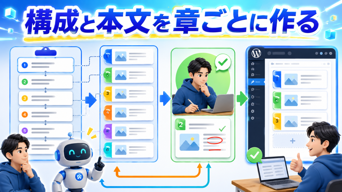 記事構成を確認してから本文を章ごとに作成しWordPressへまとめる流れを表した画像