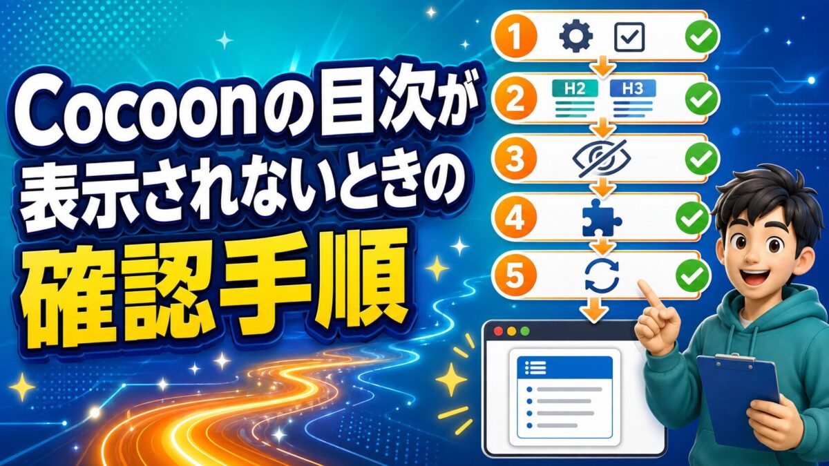 Cocoonの目次が表示されないときに設定や見出しを順番に確認する手順