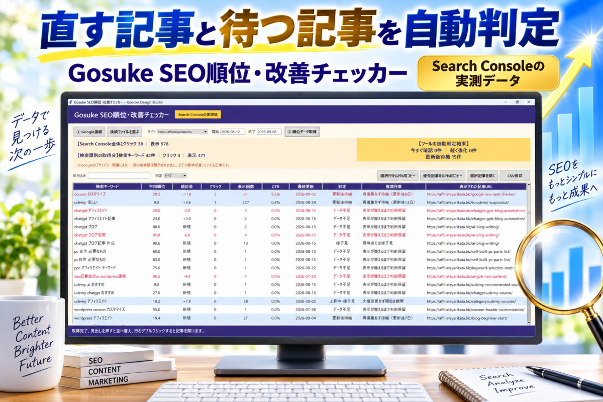 Search Consoleの実測データから直す記事と待つ記事を自動判定する最新のGosuke SEO順位・改善チェッカー