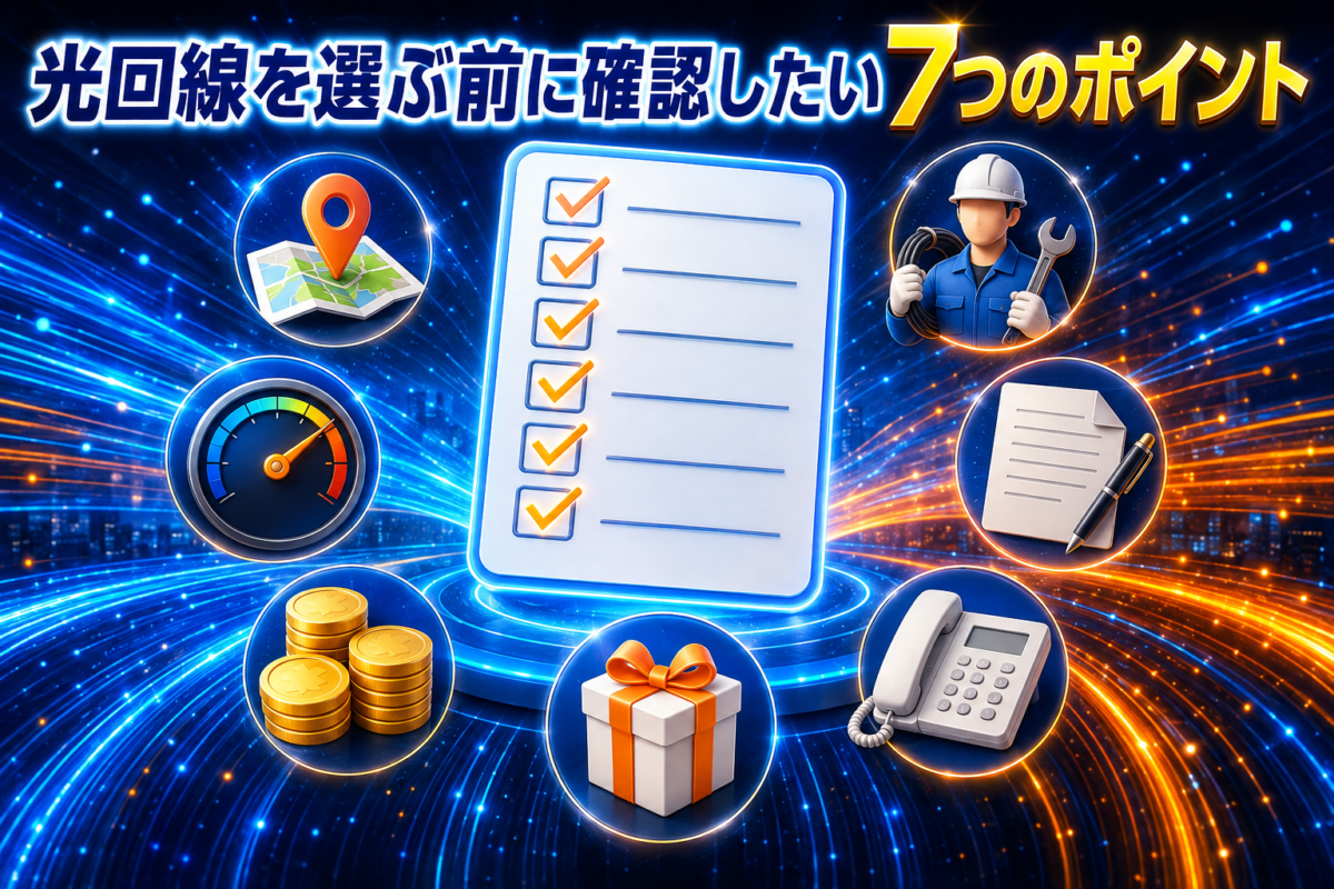 提供エリア、通信速度、料金、開通工事、契約内容、光電話、キャンペーンなど、光回線を選ぶ前に確認したい7つのポイント