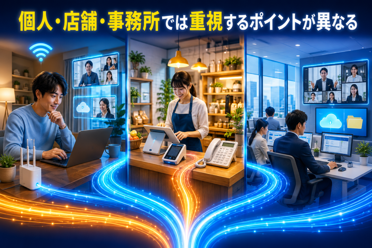 個人の在宅利用、店舗の決済や光電話、事務所のオンライン会議など、利用場所によって光回線で重視するポイントが異なる様子