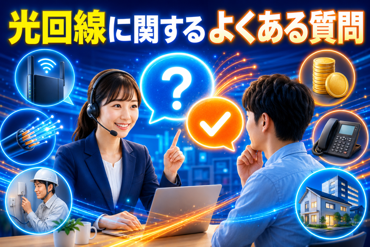 光回線の料金、Wi-Fi、開通工事、光電話、個人・法人利用について専門オペレーターへ質問している様子