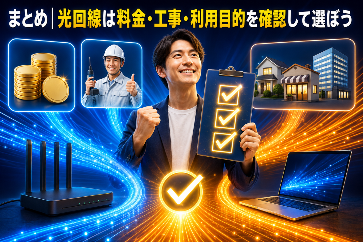 料金、開通工事、個人・店舗・事務所での利用目的を確認し、自分に合った光回線を選んだ人
