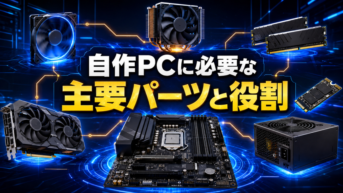 自作PCに必要なCPU・マザーボード・メモリ・SSD・グラフィックボード・電源などの主要パーツと役割を紹介する画像