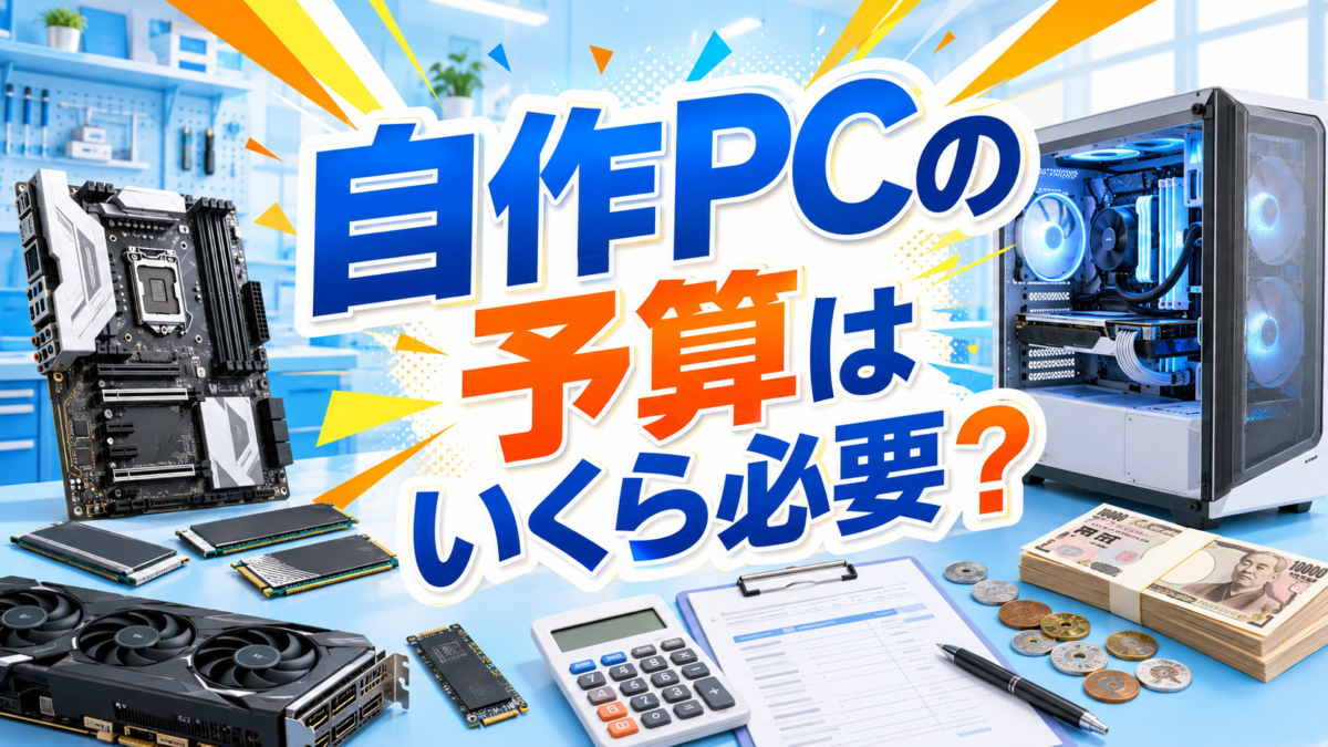 自作PCのパーツ・完成したパソコン・電卓・見積書・日本円を使って必要な予算を紹介する画像