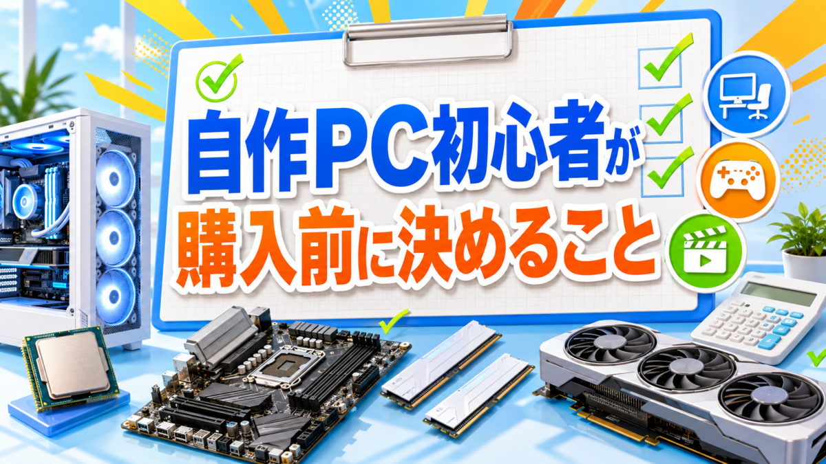 自作PC初心者が購入前に用途・予算・パーツ構成をチェックして決めることを紹介する画像