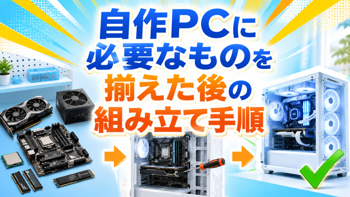 自作PCのパーツを揃えてからケースへ順番に取り付け、完成させるまでの組み立て手順を紹介する画像