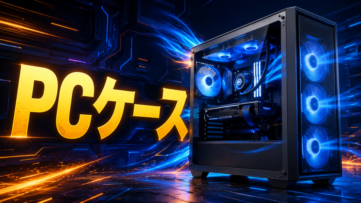 自作PCのパーツを収納するミドルタワー型PCケースと内部の冷却ファンを紹介する画像