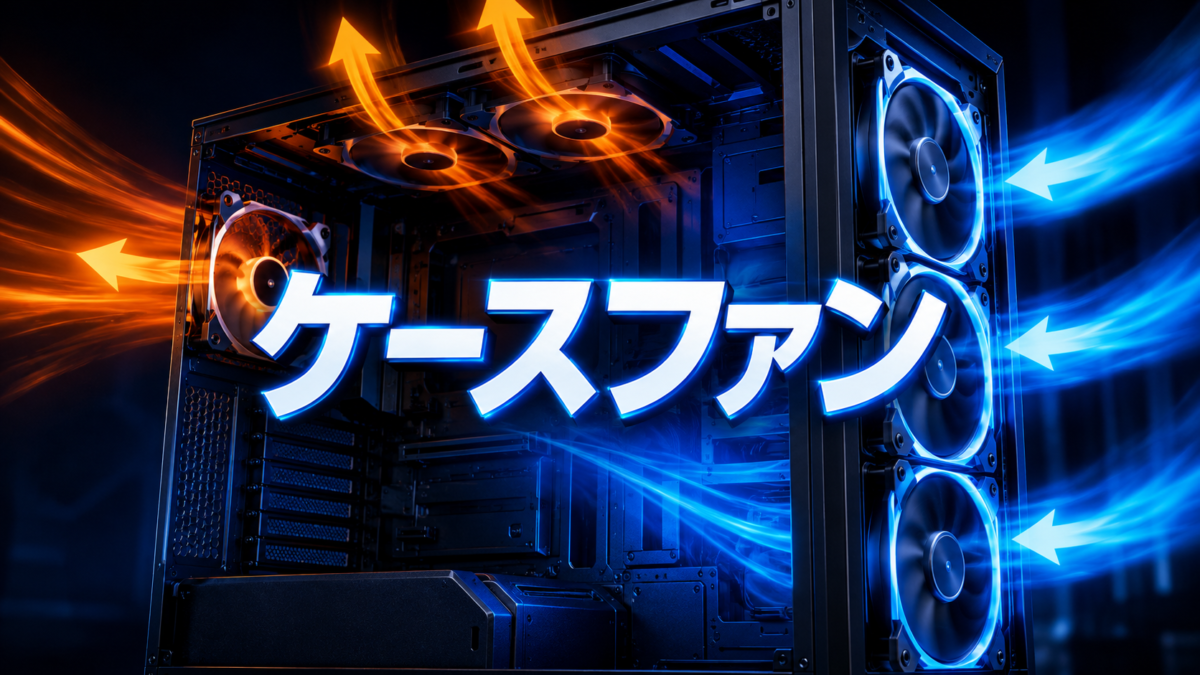 自作PCケースの前面から冷たい空気を取り込み、背面と上部から熱を排出するケースファンの吸気・排気を紹介する画像