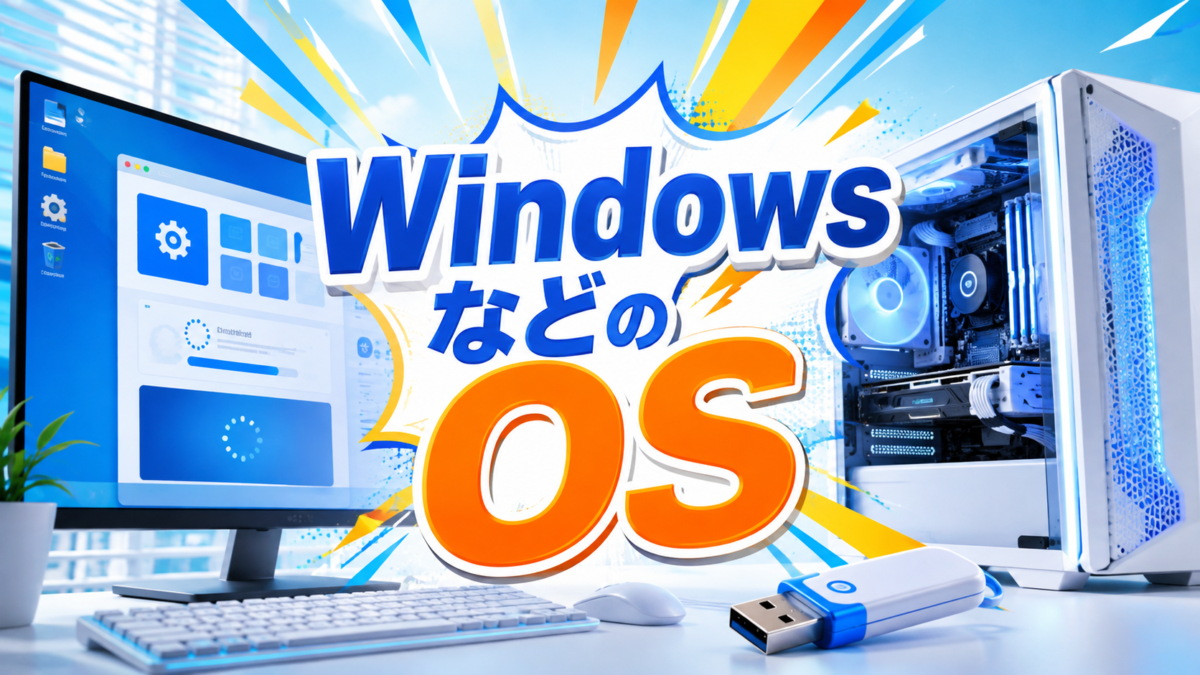 自作PCを操作するために必要なWindowsなどのOSと、モニターのセットアップ画面・インストール用USBメモリを紹介する画像