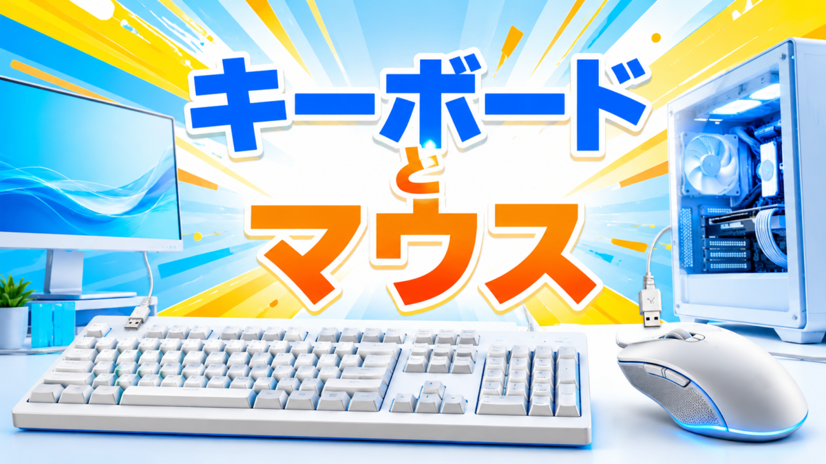 自作PCの操作に必要なUSB接続のキーボードとマウスを紹介する画像