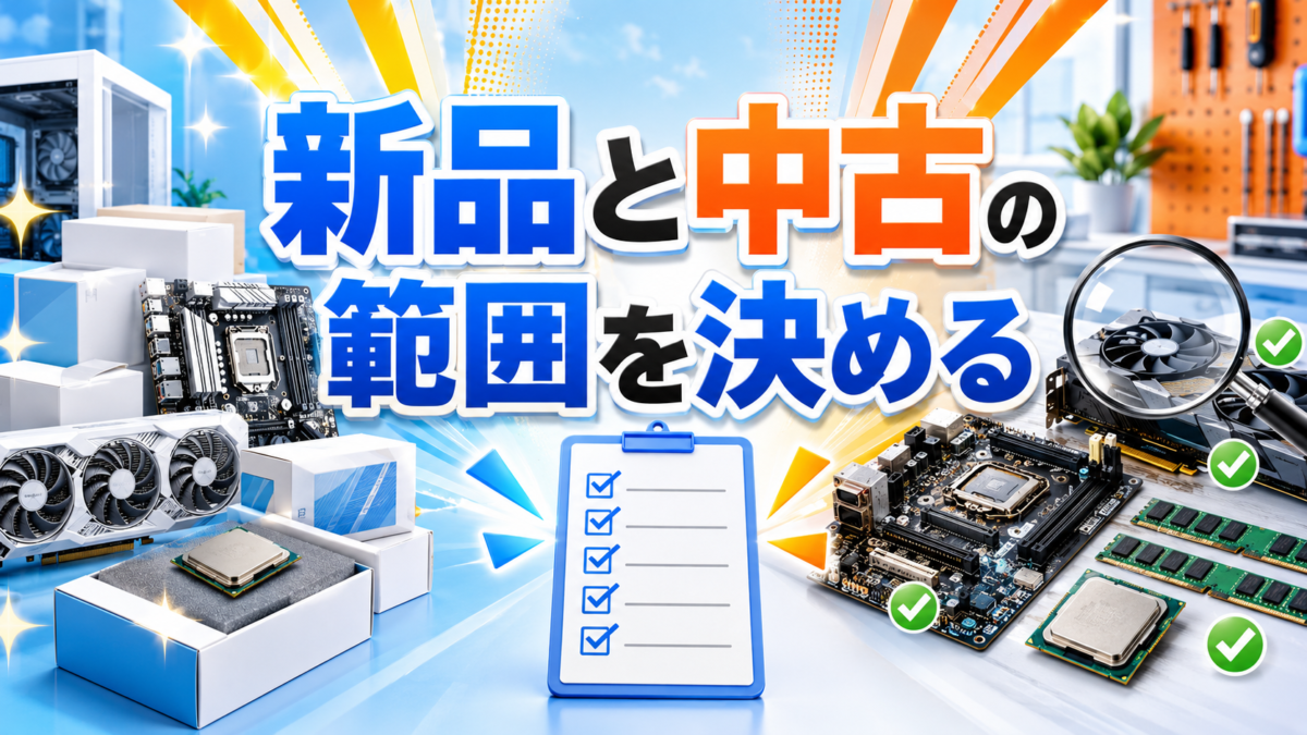 自作PCの新品パーツと中古パーツを比較し、状態や予算を確認しながら購入する範囲を決めることを示す画像
