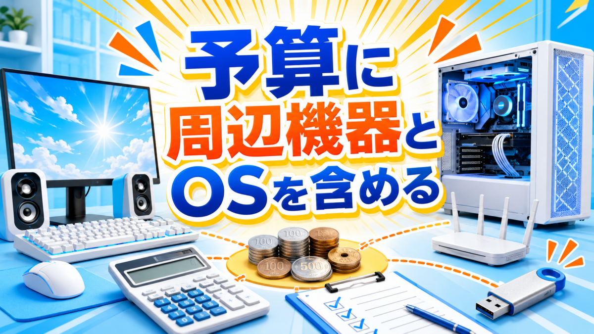 自作PCの予算にモニター・キーボード・マウス・スピーカー・Wi-Fi機器・OS用USBメモリを含めることを示す画像
