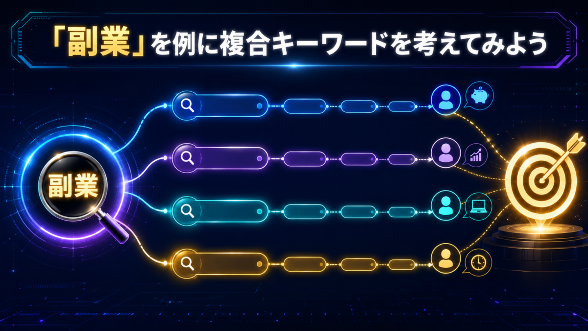 「副業」を例に、関連する言葉を組み合わせて複合キーワードを考える方法を示した図