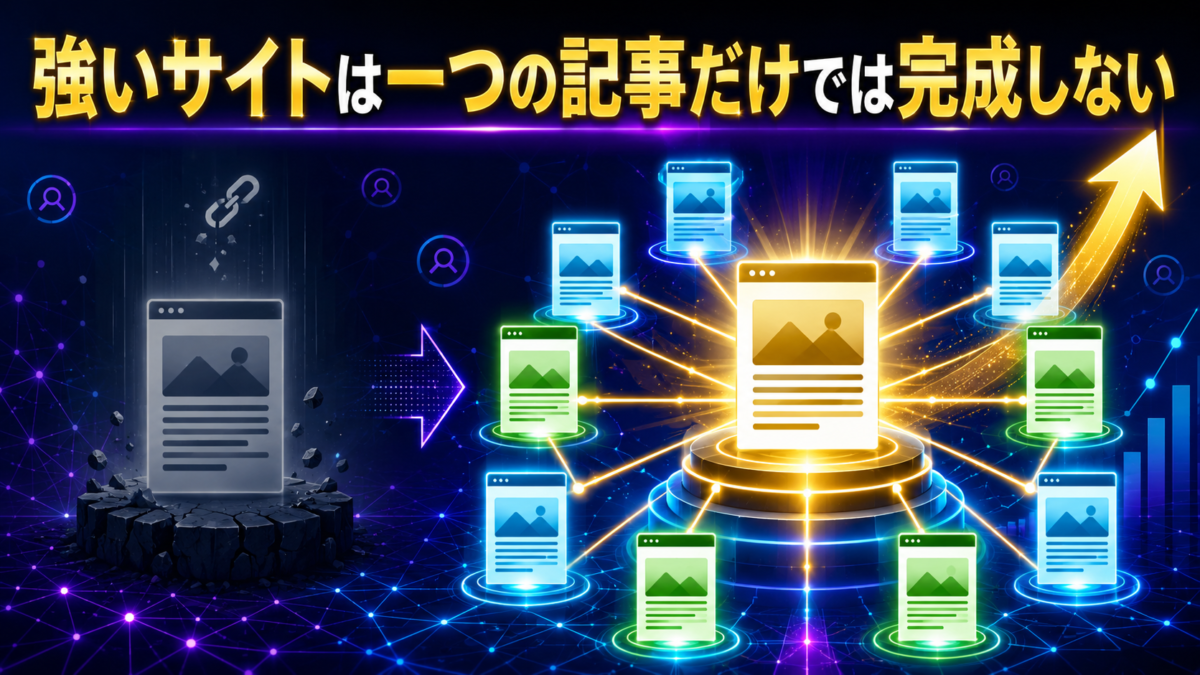 一つの記事だけでなく関連記事を内部リンクでつなぐことで強いサイトへ育つ様子を示した図