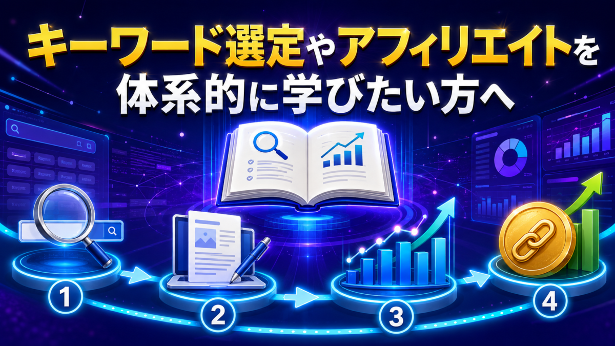 キーワード選定から記事作成、アクセス解析、アフィリエイトまでを体系的に学ぶ流れを示した図