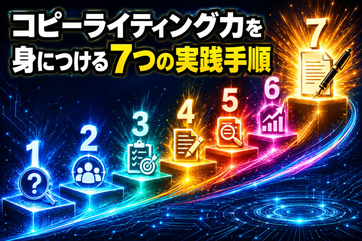 コピーライティング力を身につける7つの実践手順を階段形式で表した解説画像