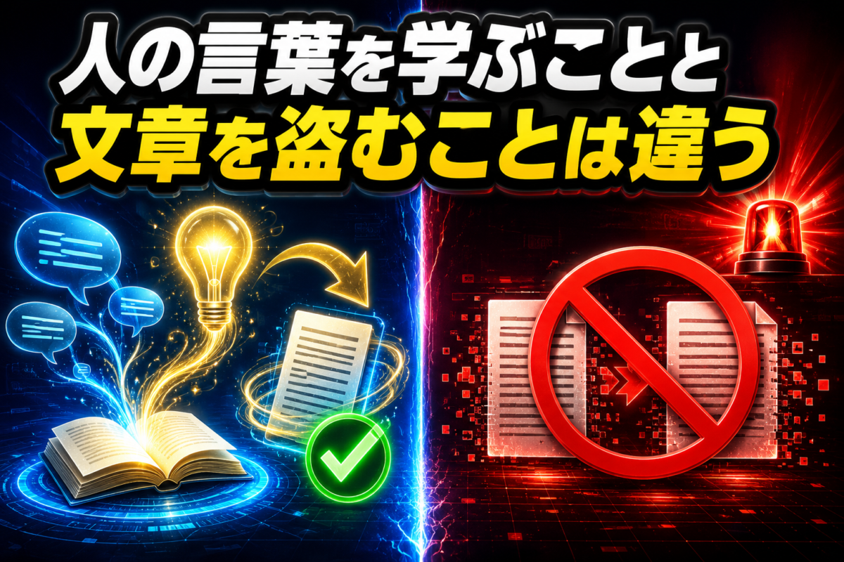 人の言葉から表現を学ぶことと他人の文章をそのまま盗むことの違いを比較した解説画像