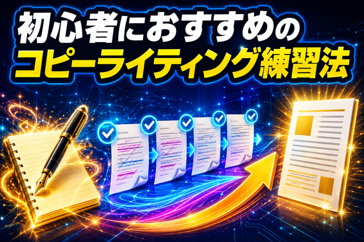 初心者におすすめのコピーライティング練習法を下書きから完成記事までの流れで表した解説画像