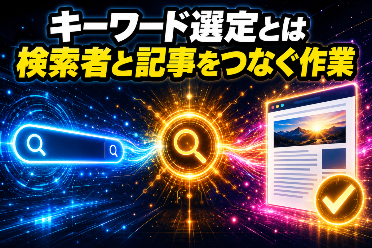 キーワード選定とは検索者が入力した言葉と必要な記事をつなぐ作業であることを表した解説画像