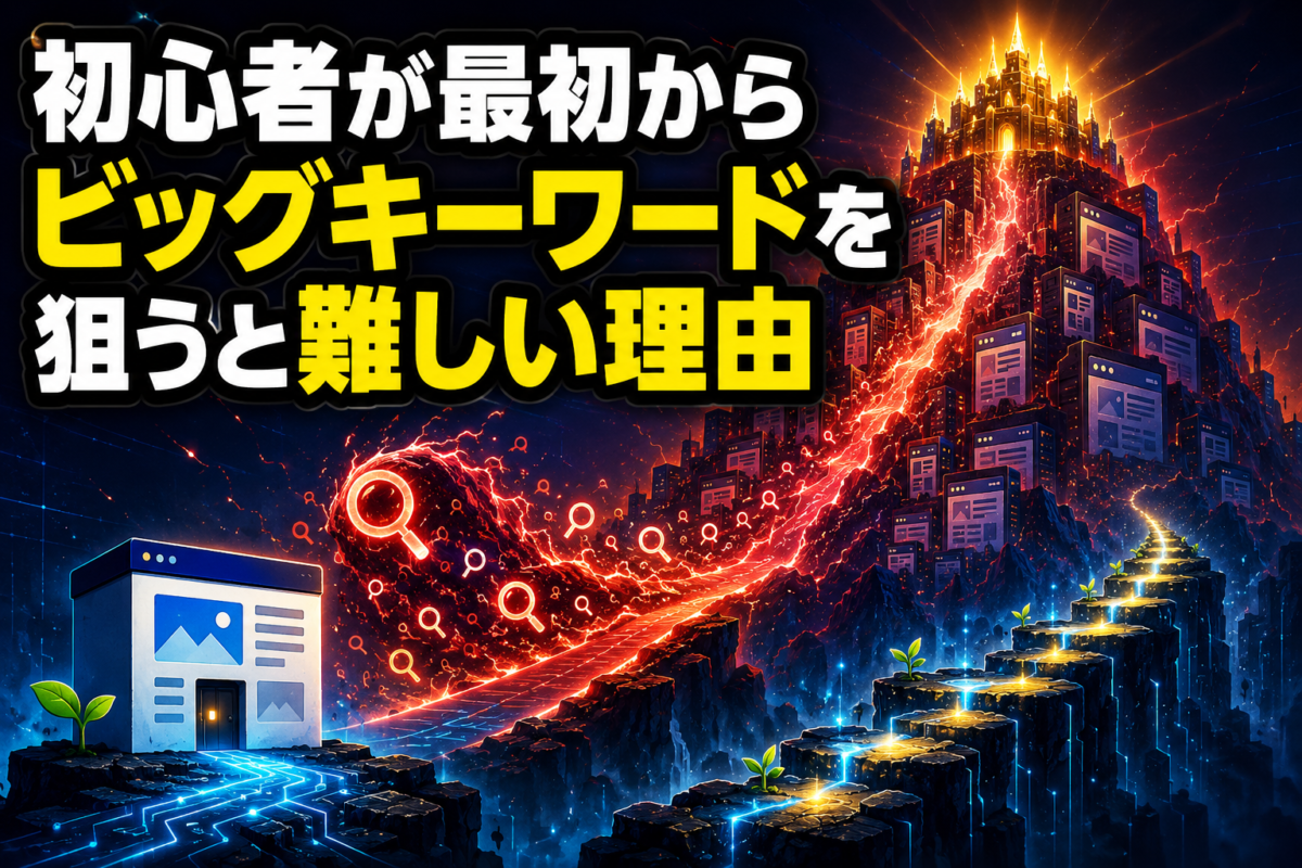 初心者が開設直後のサイトで強豪の多いビッグキーワードを狙うと難しい理由を表した解説画像初心者が開設直後のサイトで強豪の多いビッグキーワードを狙うと難しい理由を表した解説画像
