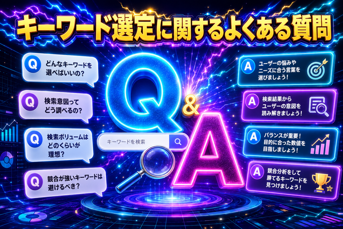 検索意図や検索ボリュームなど、キーワード選定に関するよくある質問と回答を示した画像