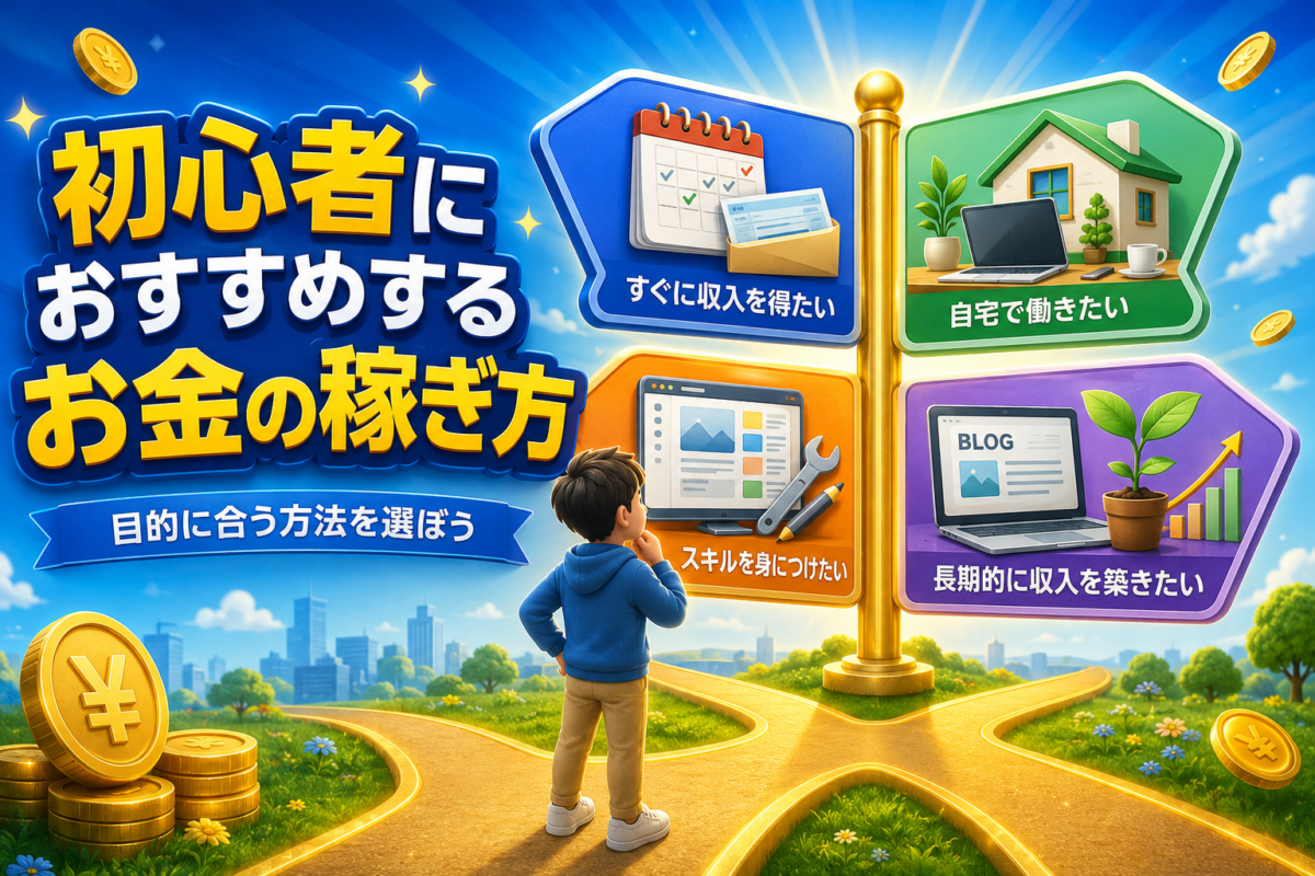 初心者がお金を稼ぐ目的に合わせて、すぐに収入・在宅・スキル習得・長期的な収入から方法を選ぶ