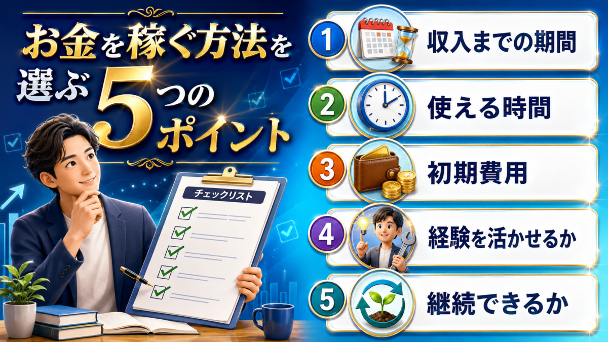 お金を稼ぐ方法を選ぶときに、収入までの期間・使える時間・初期費用・経験・継続性を確認する5つのポイント