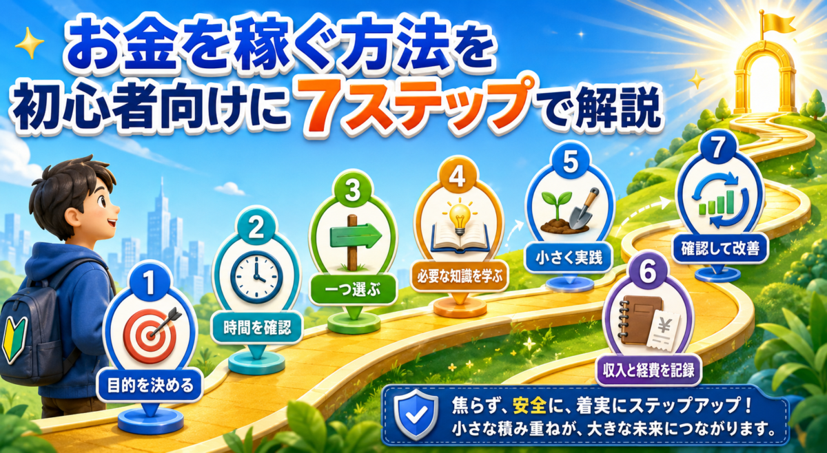 目的決定・時間確認・方法選択・学習・実践・収支記録・改善まで、お金を稼ぐための初心者向け7ステップ