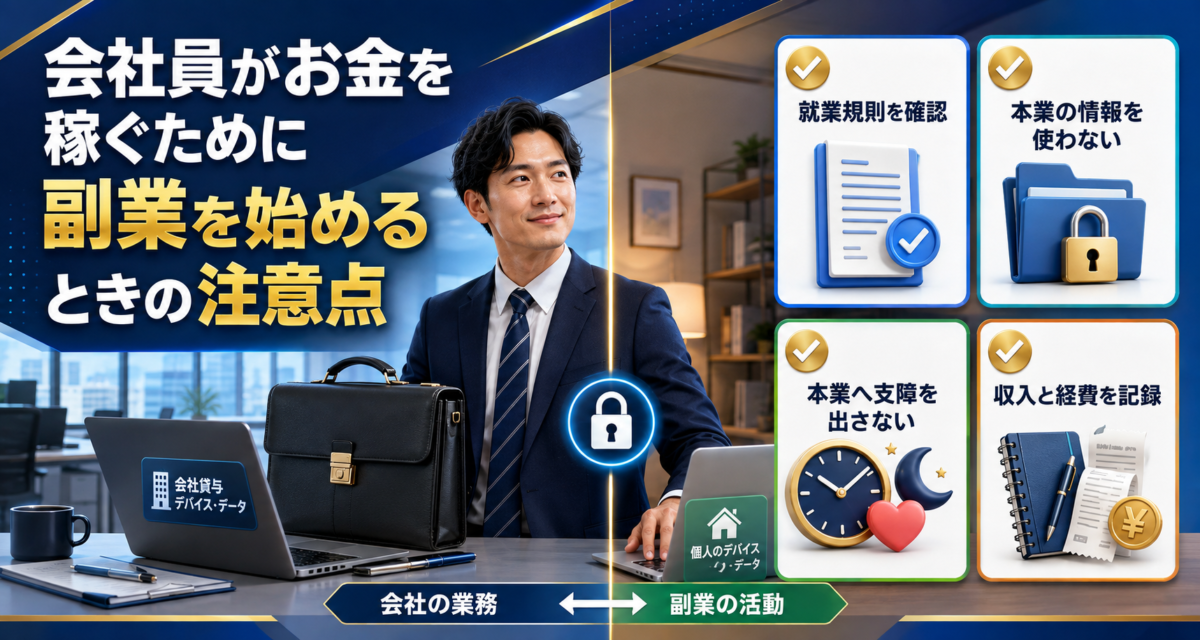 会社員が副業を始める前に、就業規則・本業の情報管理・本業への影響・収入と経費を確認する