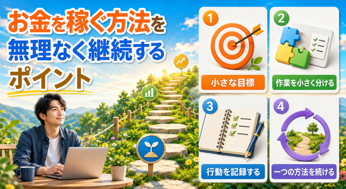 小さな目標・作業の分割・行動記録・一つの方法への集中で、お金を稼ぐ取り組みを無理なく継続する