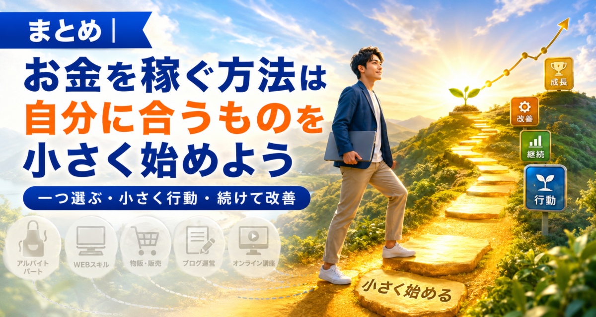 お金を稼ぐ方法は自分に合うものを一つ選び、小さく行動して継続・改善・成長へ進むことが大切
