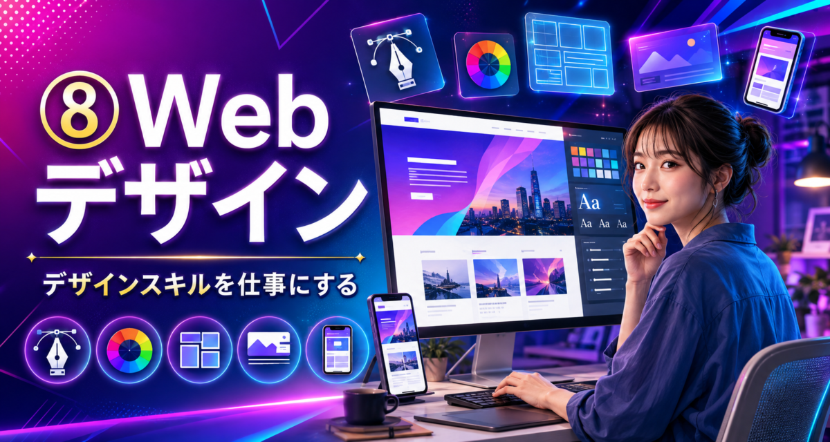 Webデザインの仕事として、サイトの配色・レイアウト・バナー制作・スマートフォン表示を制作する様子