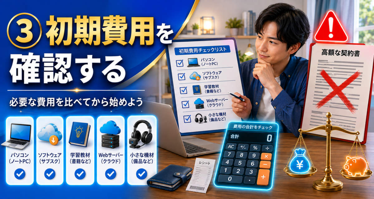 副業を始める前に、パソコン・ソフト・教材・Webサーバー・機材などの初期費用を確認する様子