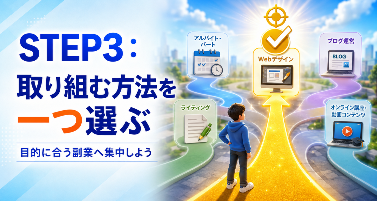 アルバイト・Webデザイン・ライティング・ブログ・オンライン講座から、目的に合う方法を一つ選んで集中する