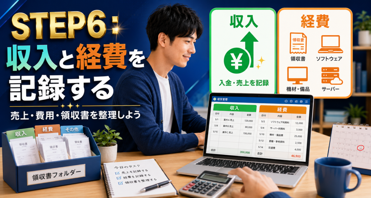 副業の収入と経費を色分けし、売上・費用・領収書をパソコンとノートへ記録して整理する様子