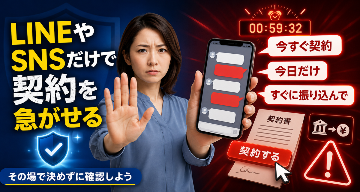 LINEやSNSのメッセージだけで、今すぐ契約・今日だけ・すぐに振り込んでと契約を急がせる危険な勧誘