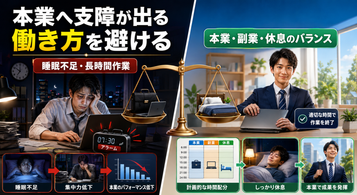 副業による睡眠不足や長時間作業を避け、本業・副業・休息の時間を計画的に配分する重要性