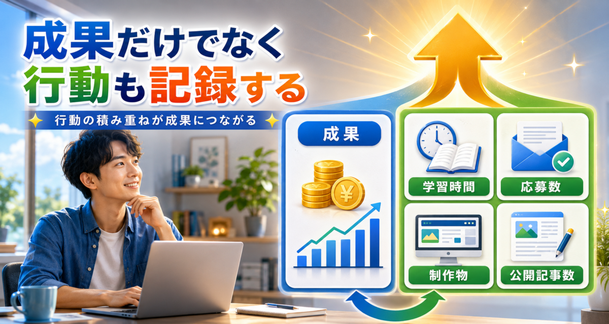 収入などの成果だけでなく、学習時間・応募数・制作物・公開記事数も記録して成長を確認する