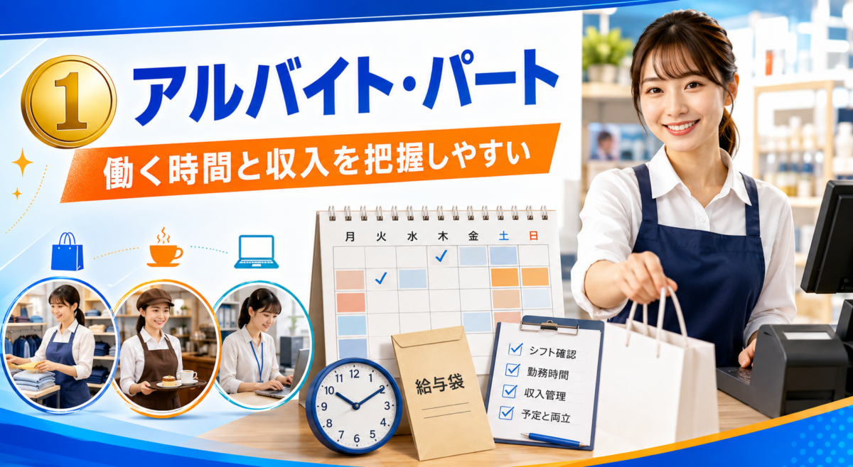 アルバイト・パートは、販売・飲食・事務など初心者向けの仕事が多く、働く時間と収入を把握しやすい働き方
