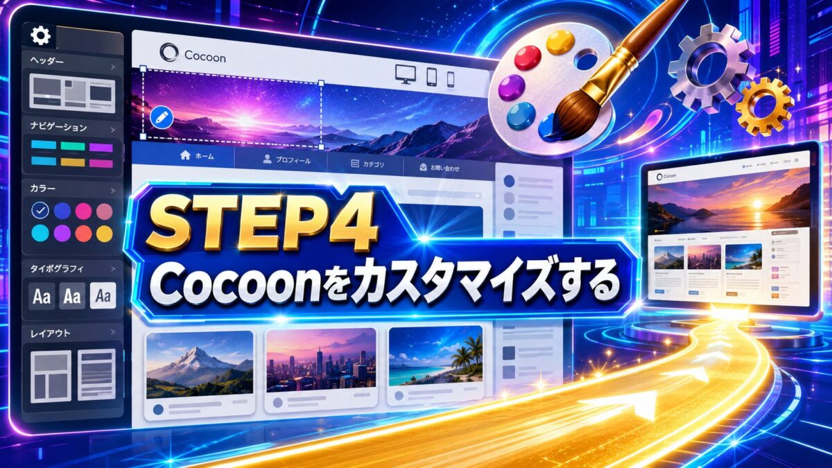 アフィリエイト初心者がSTEP4でCocoonの色・ヘッダー・レイアウトなどをカスタマイズする手順を表した画像