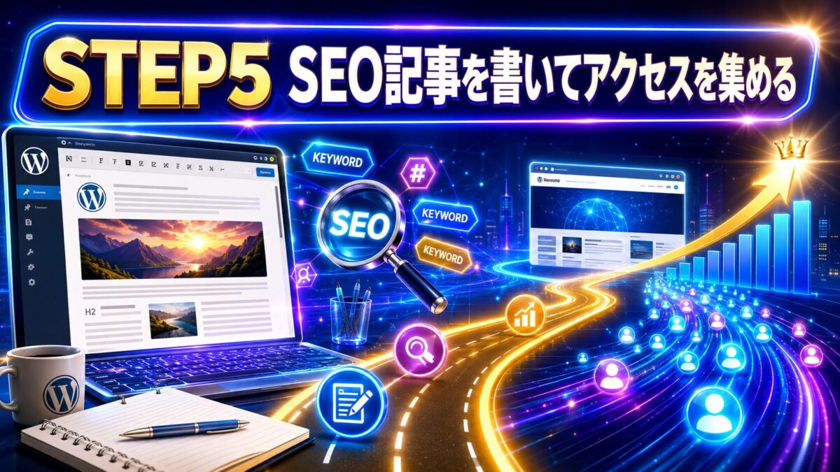 アフィリエイト初心者がSTEP5でSEO記事を書き、検索順位を高めてサイトへのアクセスを集める流れを表した画像