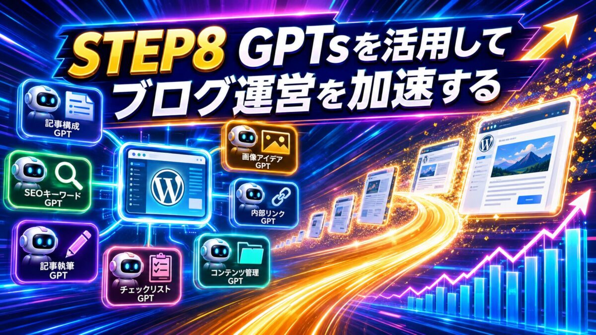 アフィリエイト初心者がSTEP8でGPTsを活用し、記事作成・SEO・内部リンクなどのブログ運営を効率化する流れを表した画像