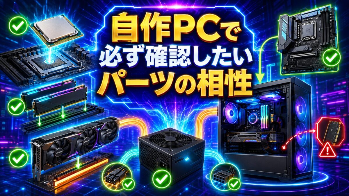 CPU・マザーボード・メモリ・GPU・電源など、自作PCパーツの相性確認を表した画像