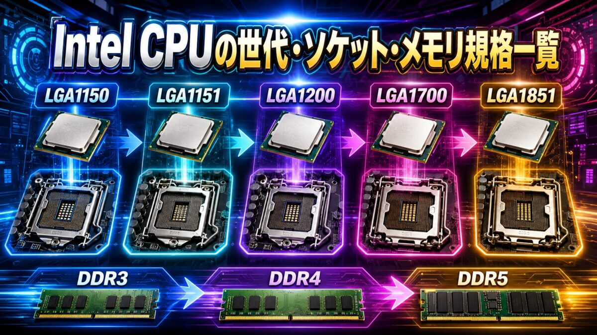 Intel CPUの世代とLGA1150からLGA1851までのソケット、DDR3・DDR4・DDR5を比較した画像