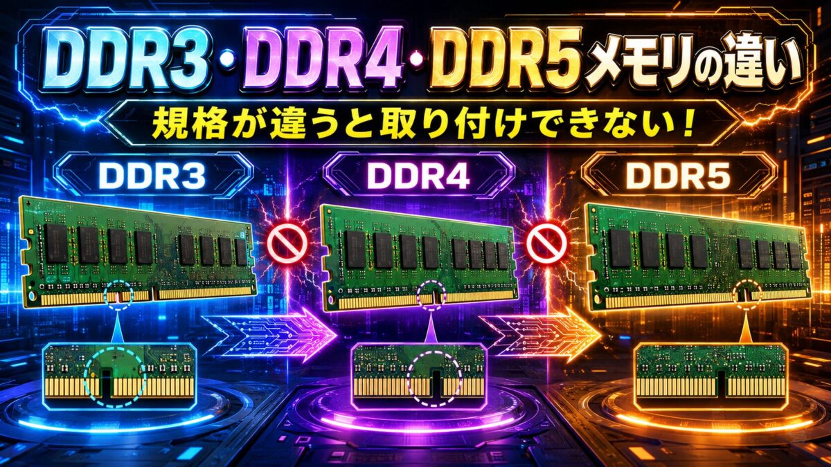DDR3・DDR4・DDR5メモリの形状・切り欠き・互換性の違いを比較した画像