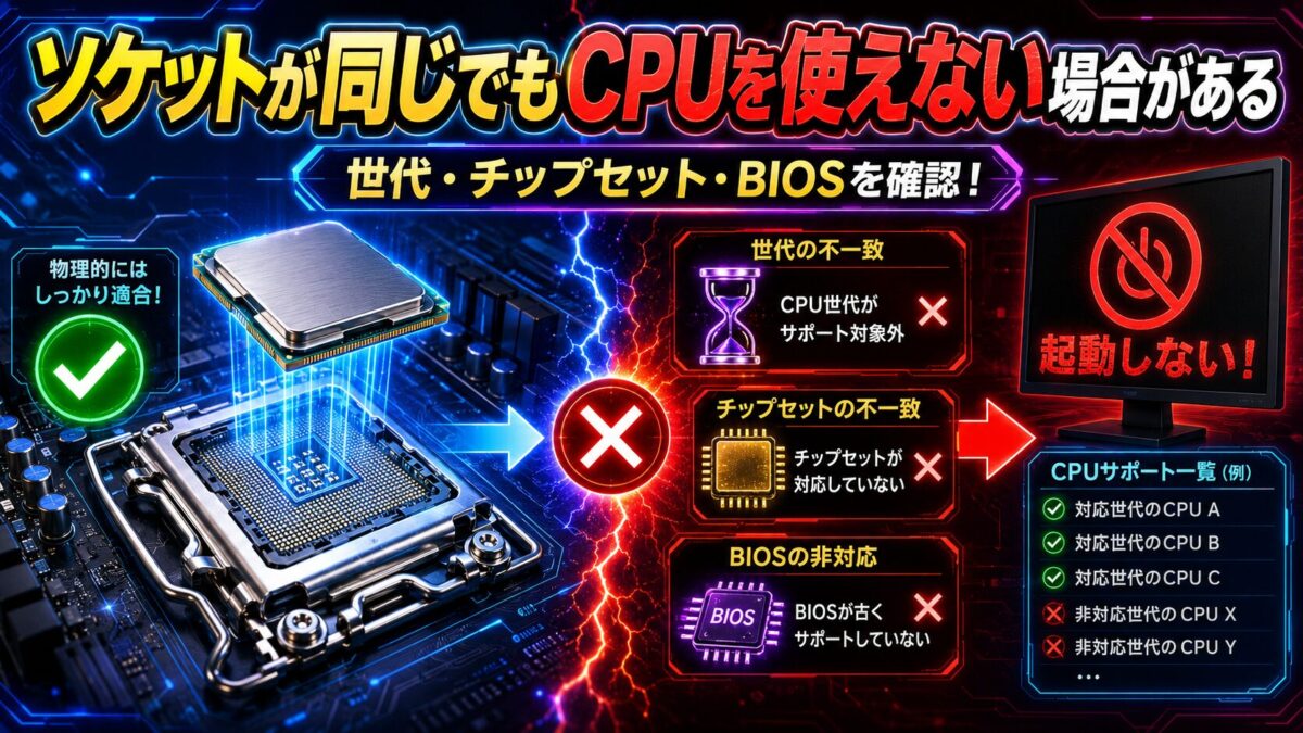 CPUソケットが同じでも、世代・チップセット・BIOSによって使用できない場合を表した画像