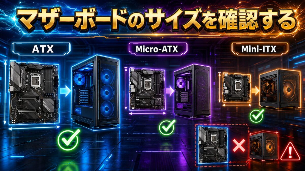 ATX・Micro-ATX・Mini-ITXの大きさと、対応できるPCケースの違いを比較した画像